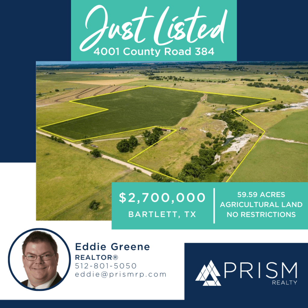 Just Listed Social Card - 4001 County Road 384, Bartlett, TX 76511 - Eddie Greene - Prism Realty